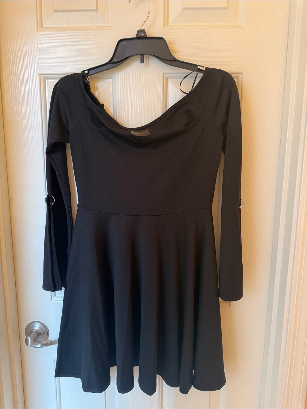 PunkRave Black Long-Sleeve Fit-and-Flare Dress with Mesh Lunar Patterns